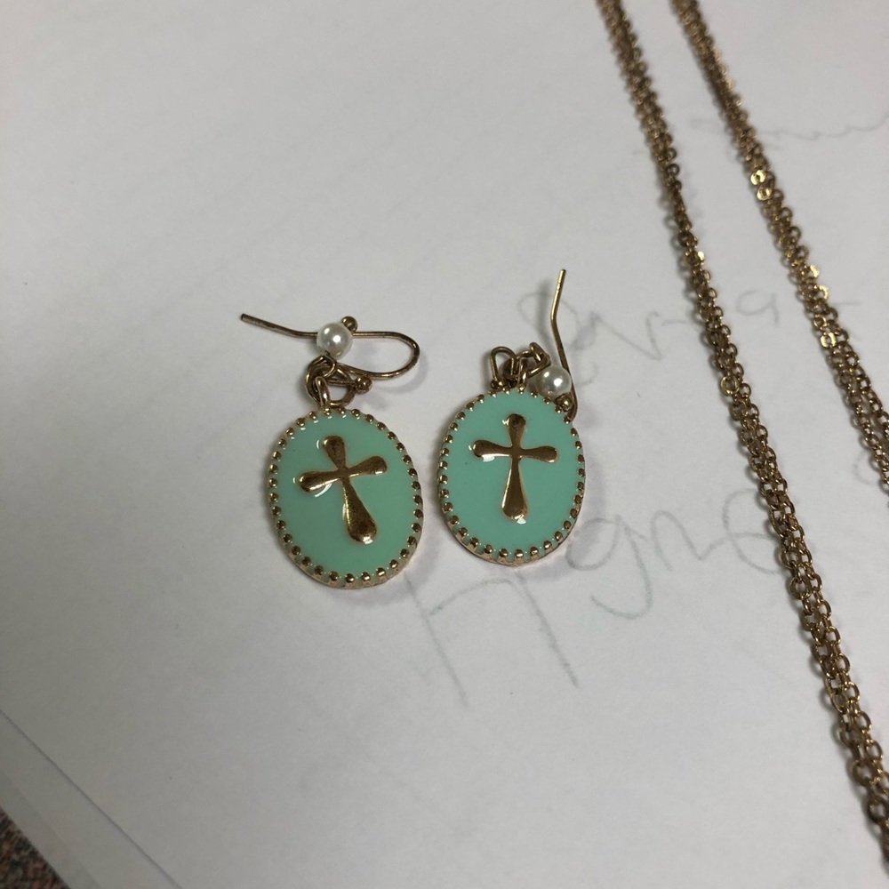Mint cross necklace and earring set